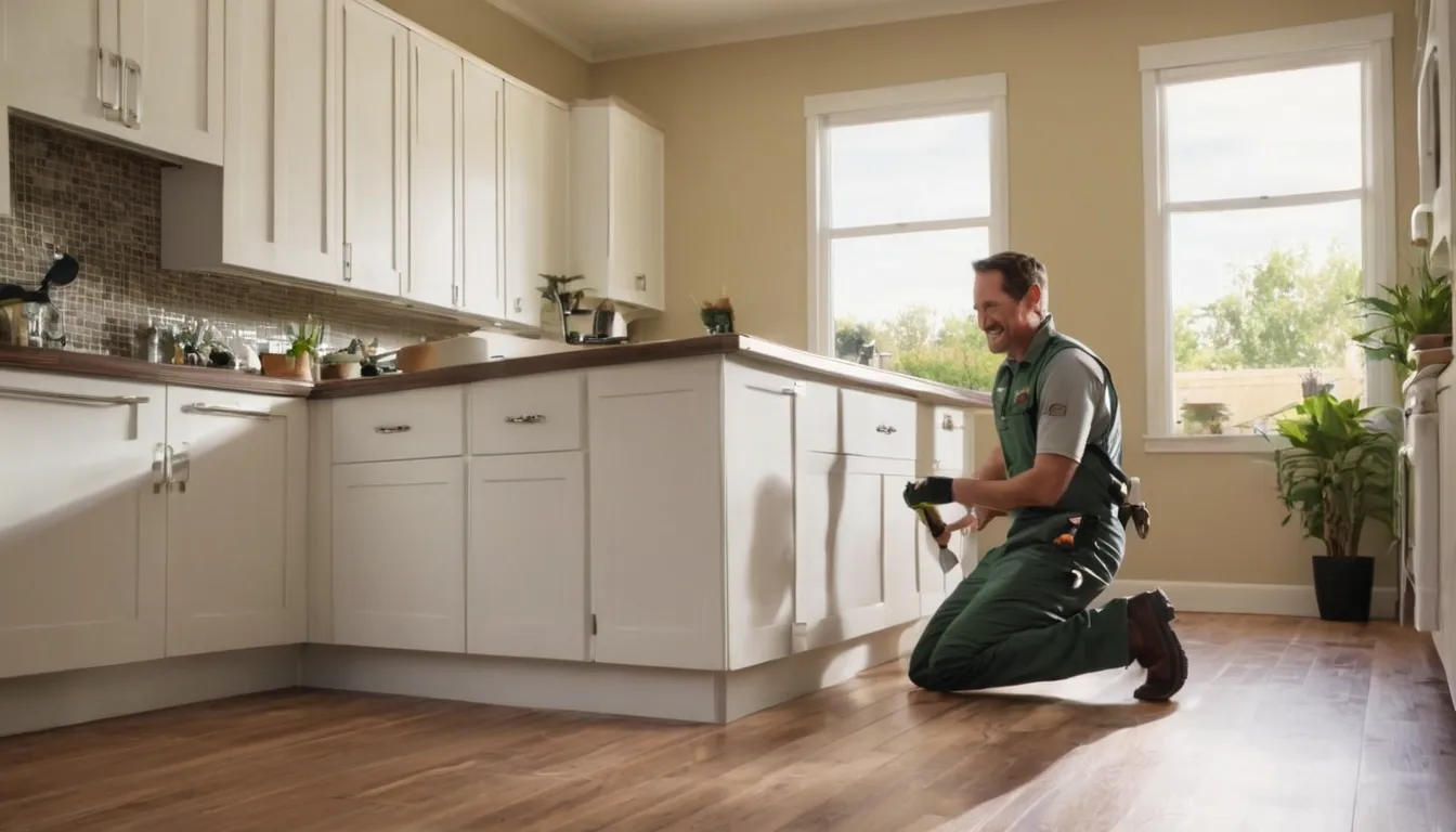 Pest control provider inspecting a kitchen baseboard in a Wildwood home